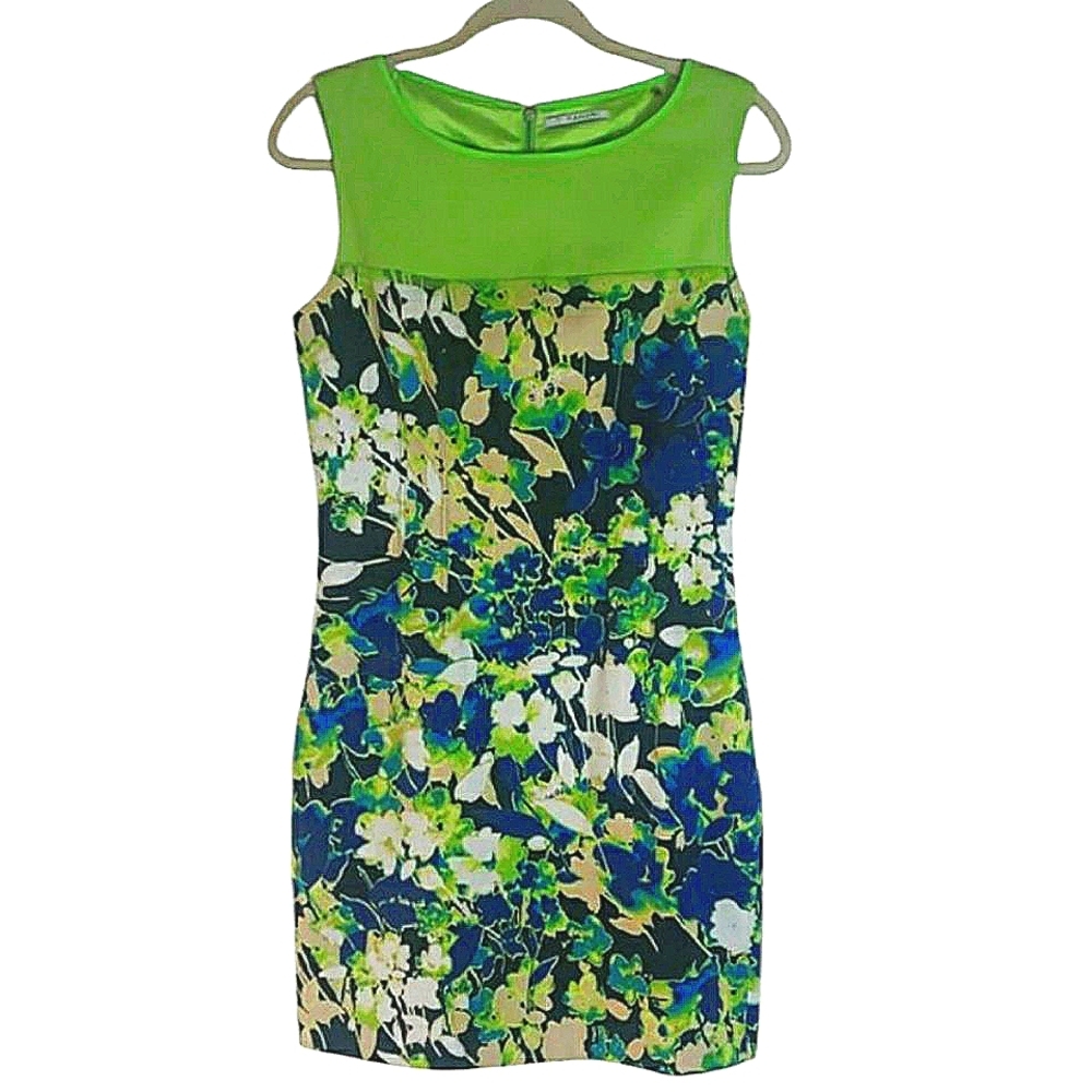 Tahari Sleeveless Sheath Floral Dress Multicolor Neon Green Blue Black Cotton 6